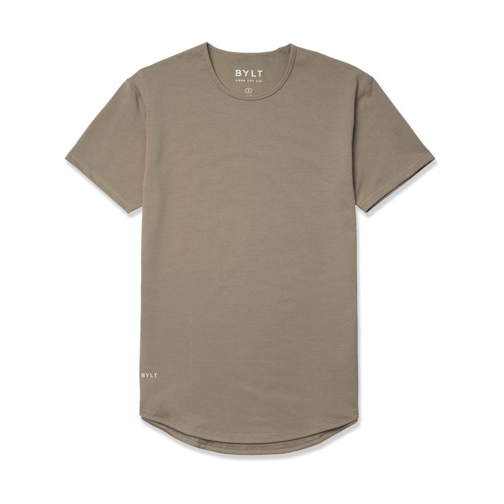 BYLT Drop Cut Short Sleeve Tee Shirt‎ Taupe Brown Mens Small Curved Hem T-Shirt